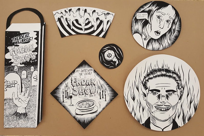 Hand-painted paper products collection. From left to right: wine bag, paper cup, napkin, coaster, dessert plate, and cake plate. Gouache on light grey paper.
