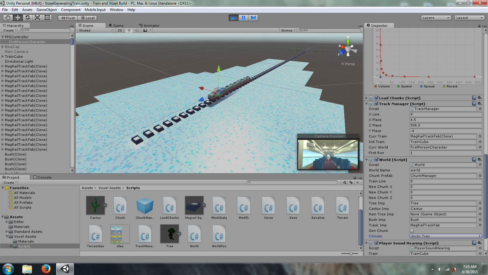 An exercise in procedurally generating a train with an endless track and terrain, Spring 2015