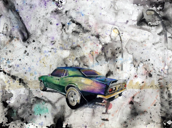 “Drip” began as a watercolor splatter effect painting. After many washes and treatments, the background of the piece was produced. As lover of classic cars and vibrant paint jobs, the color placement from the splatter treatment gave inspiration to place a ‘69 Mustang in the center. To add depth, I carefully placed street lamps and shrubbery on the far side.