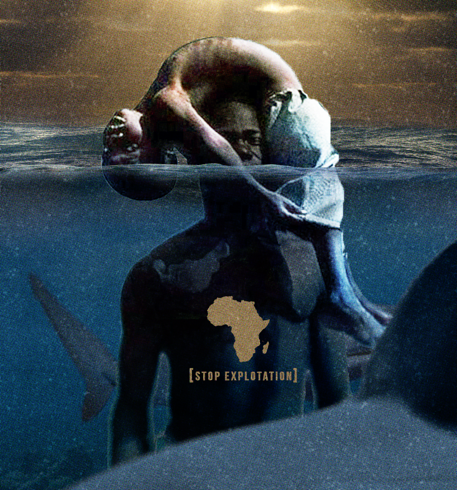 A poster advocating a stop to the exploitation of African's and their land's natural resources.