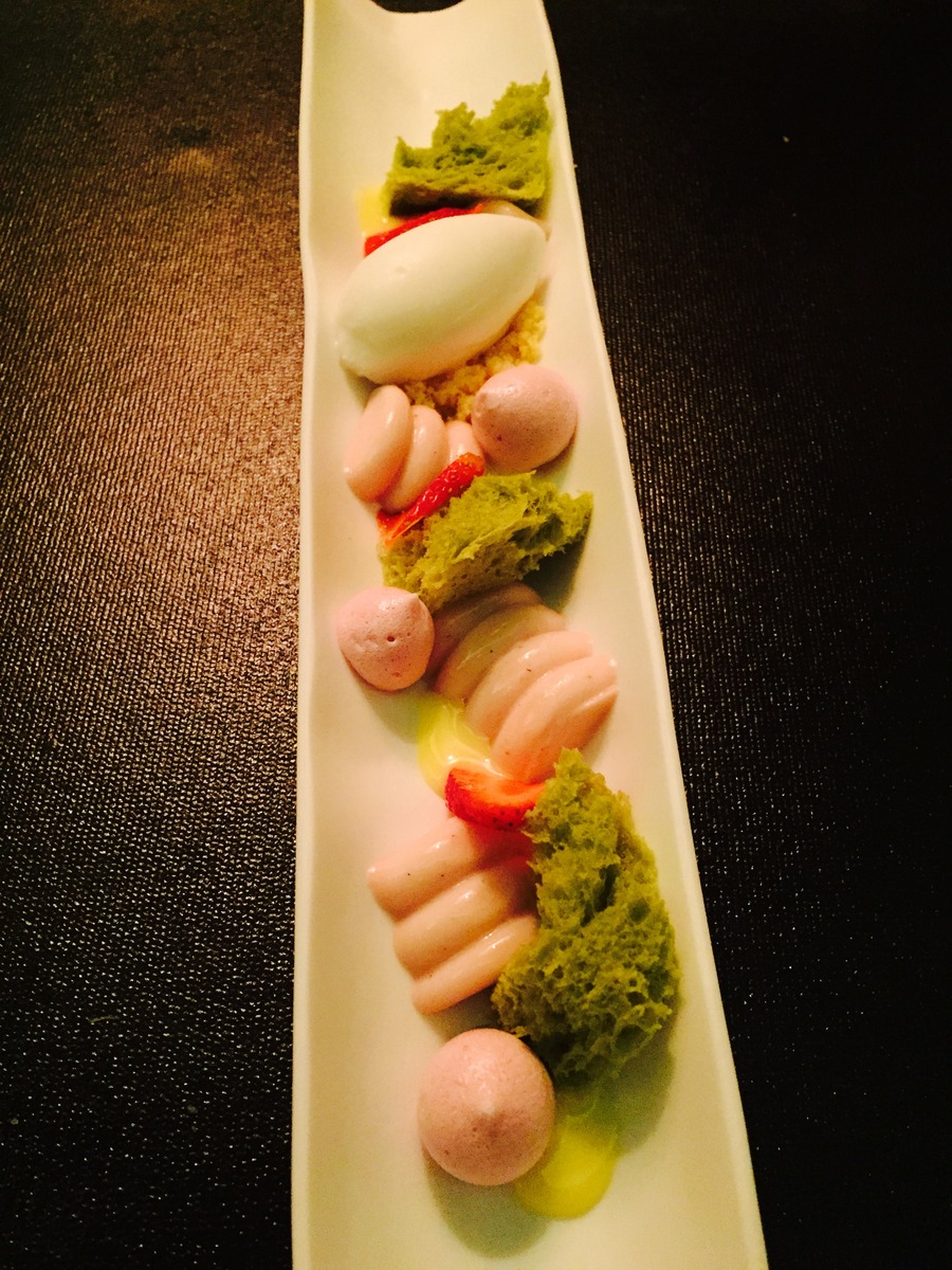 Local strawberry panna cotta, pistachio sponge, lemon curd, coconut sorbet, strawberry meringue