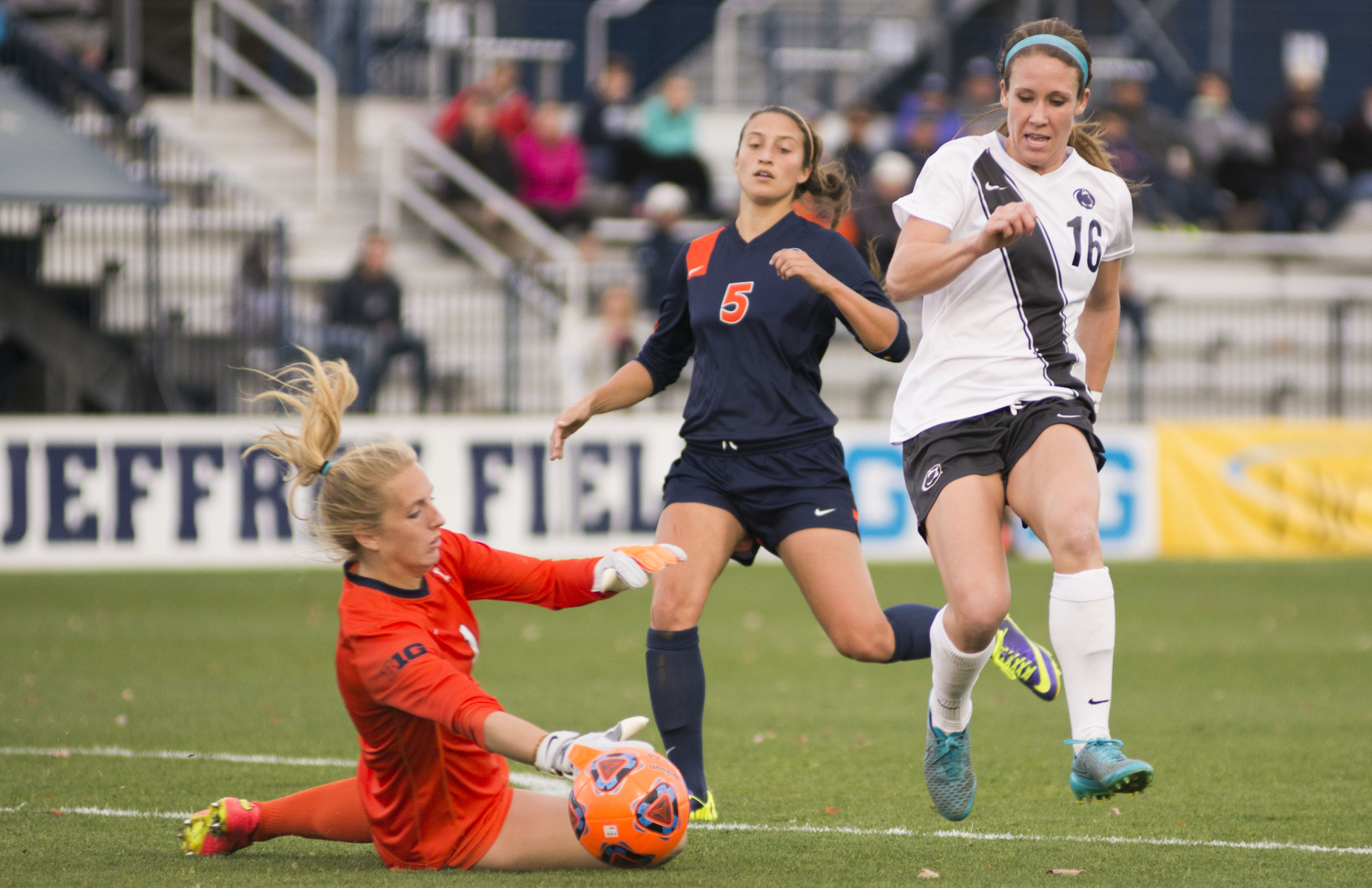 Senior Penn State women's soccer forward Mallory Weber dribbles around Illinois defensive player Hope D'Addario and takes a shot on goal that is saved by goal keeper Claire Wheatley.  Penn State beat The Fighting Illini 3-1 in the first game of the Big Ten Tournament at Jeffrey Field in University Park, Pa. on Sunday, November 1, 2015. Photo by Ally Ayton. 
