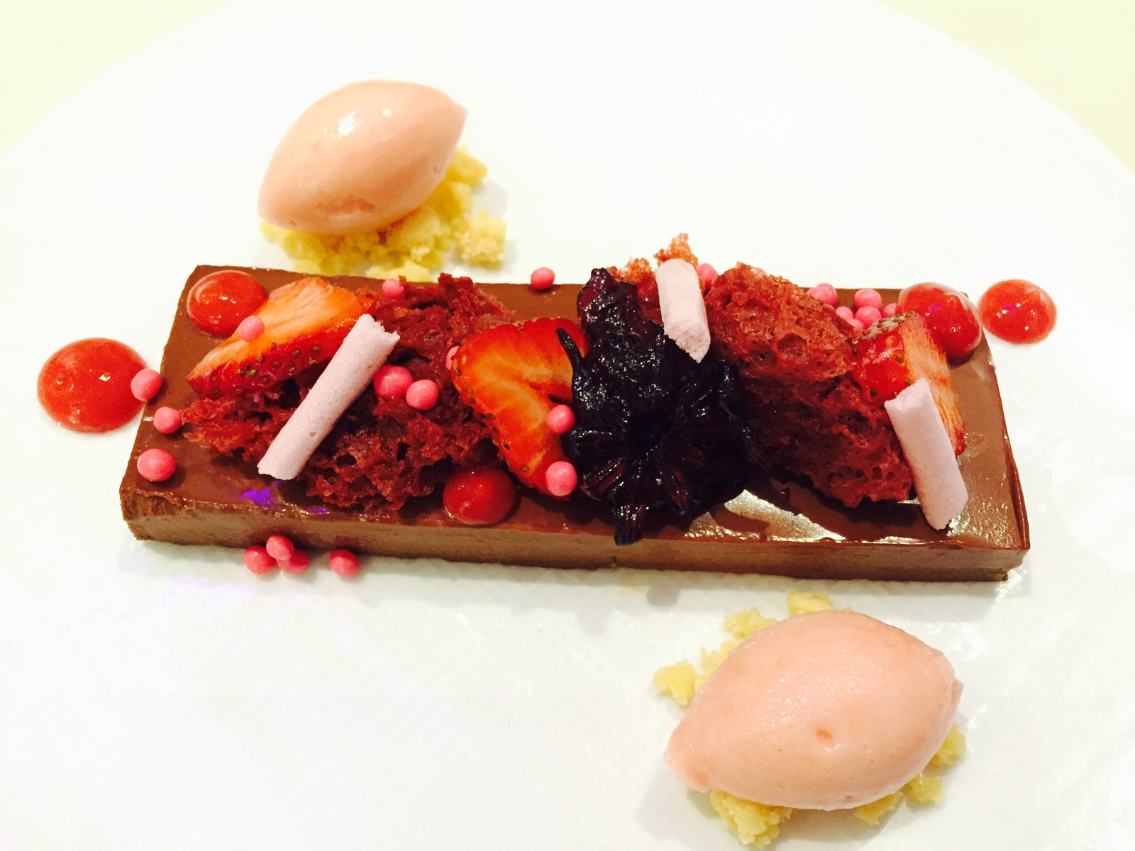 Chocolate ganache, red velvet sponge, strawberries, strawberry gel, hibiscus sorbet