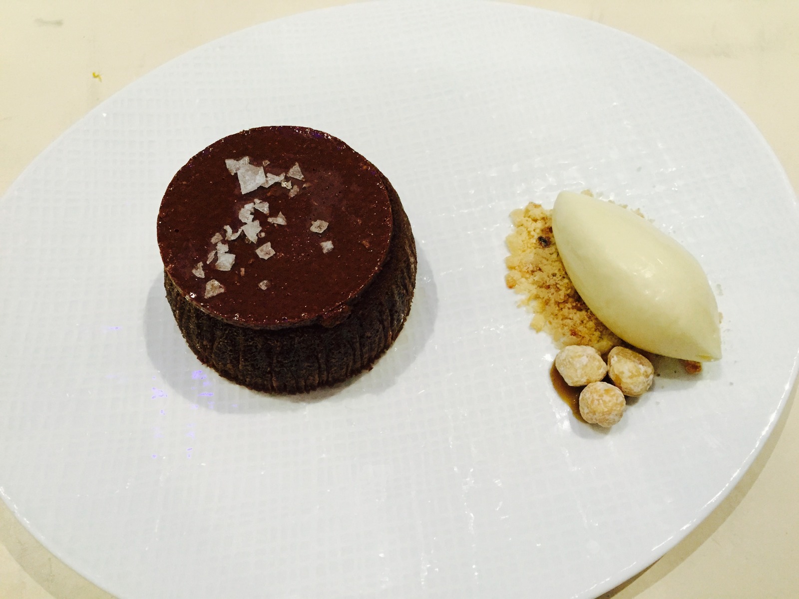 Chocolate fondant, bourbon ice cream, praline feuilletine, candied hazelnuts, fleur de sel