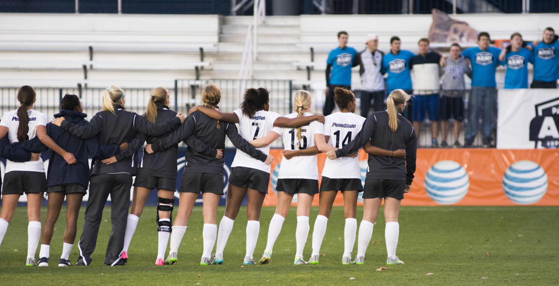 The Penn State women's soccer team looks into the stands at their fans and sing the alma mater following the team's 3-1 win over Illinois in the first game of the Big Ten Tournament at Jeffrey Field in University Park, Pa. on Sunday, November 1, 2015. Photo by Ally Ayton. 