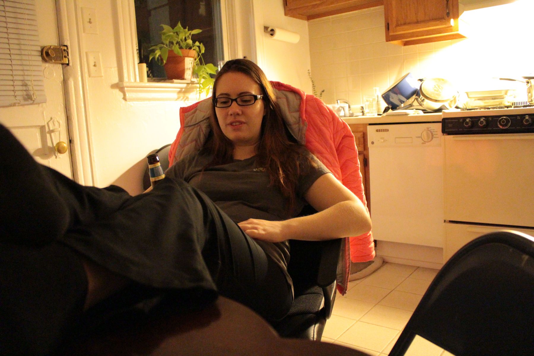 Resting her feet and unwinding with a beer, Megan talks about heading out West, meeting up with her friend who teaches music in Denver.
