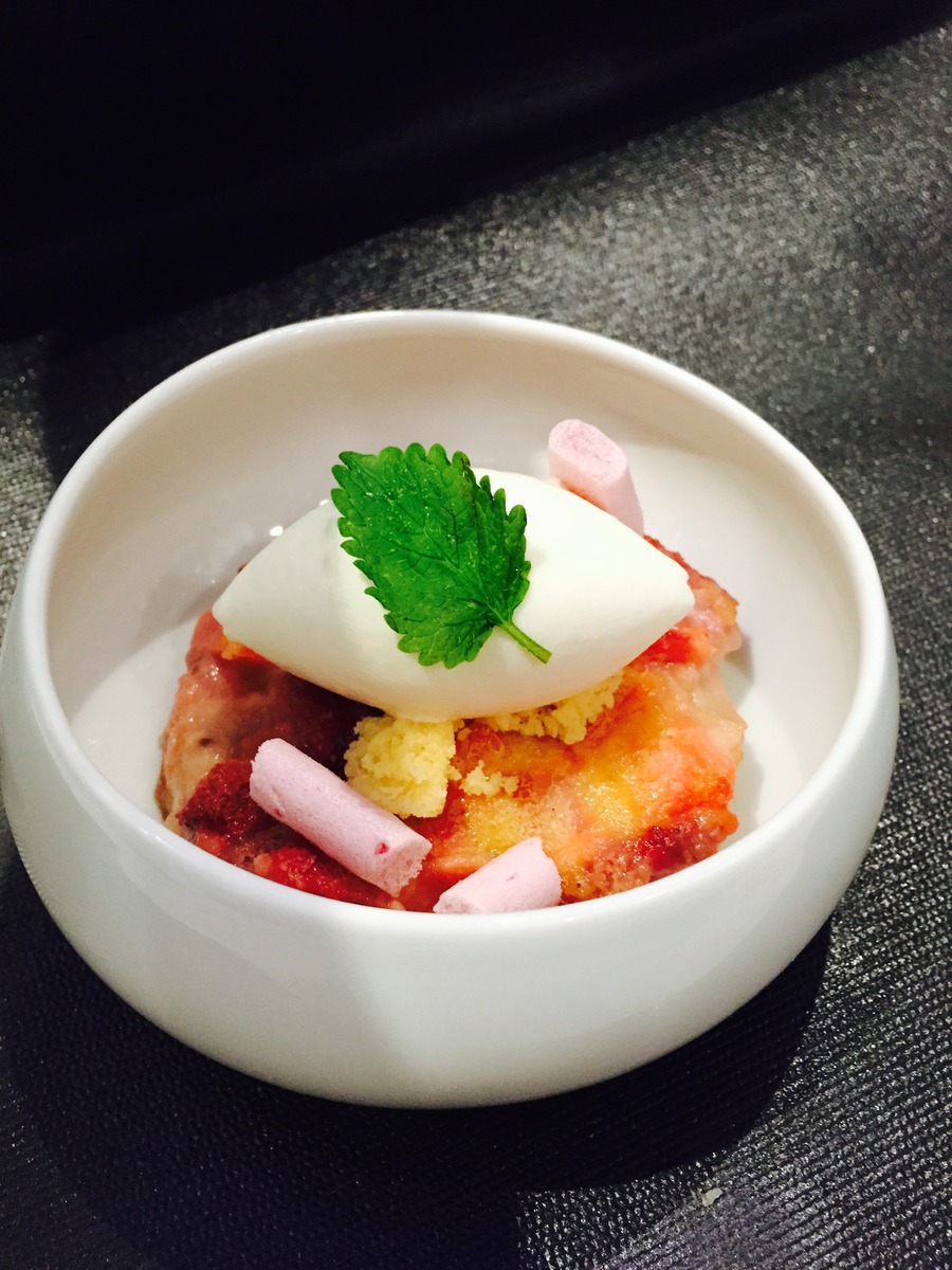 Dessert for Best of the Northwest dinner with Tom Douglas. Rhubarb and Strawberry Clafoutis, lemon verbena sherbet