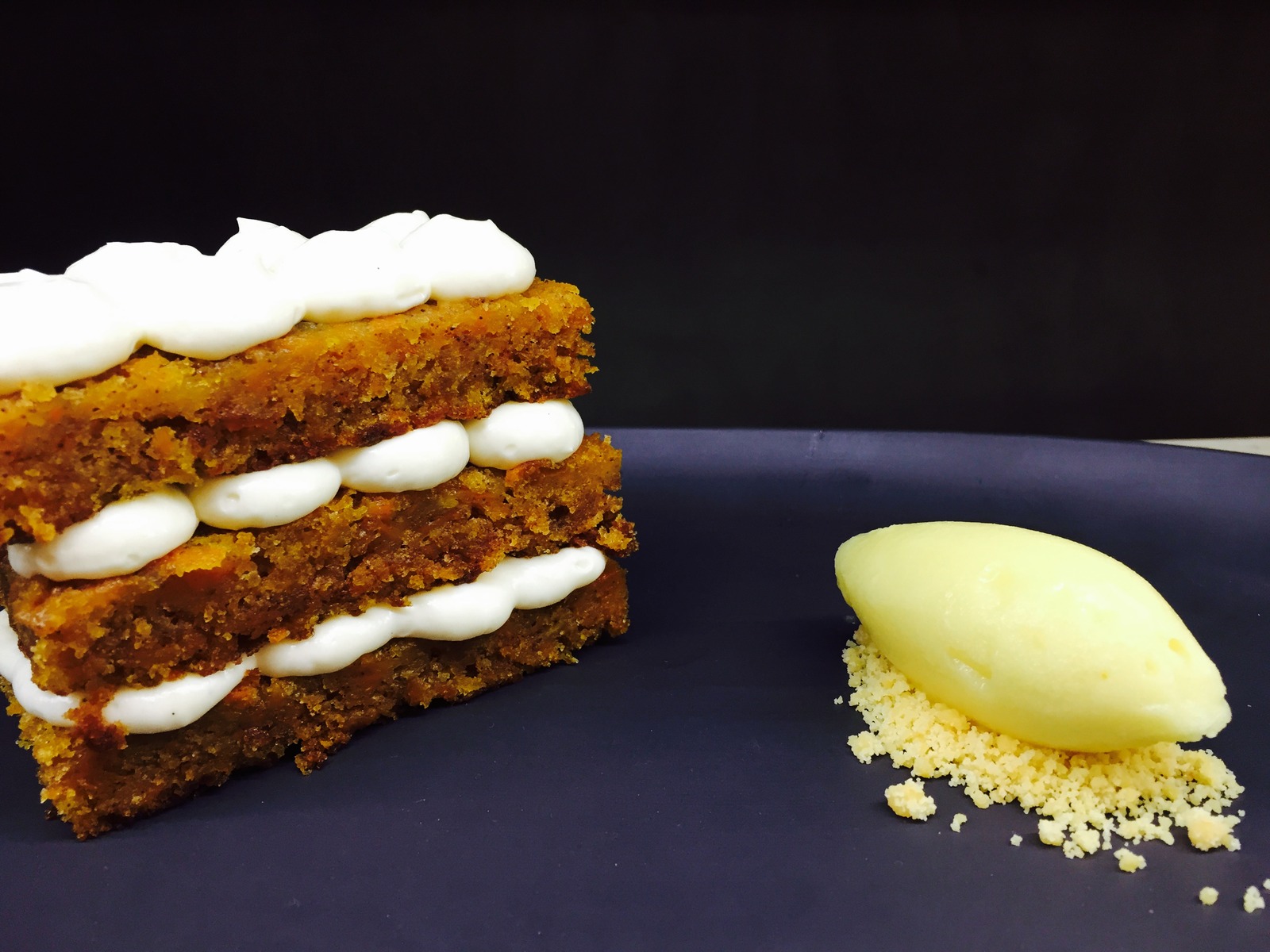 Carrot cake, cream cheese icing and caramelized pineapple sorbet