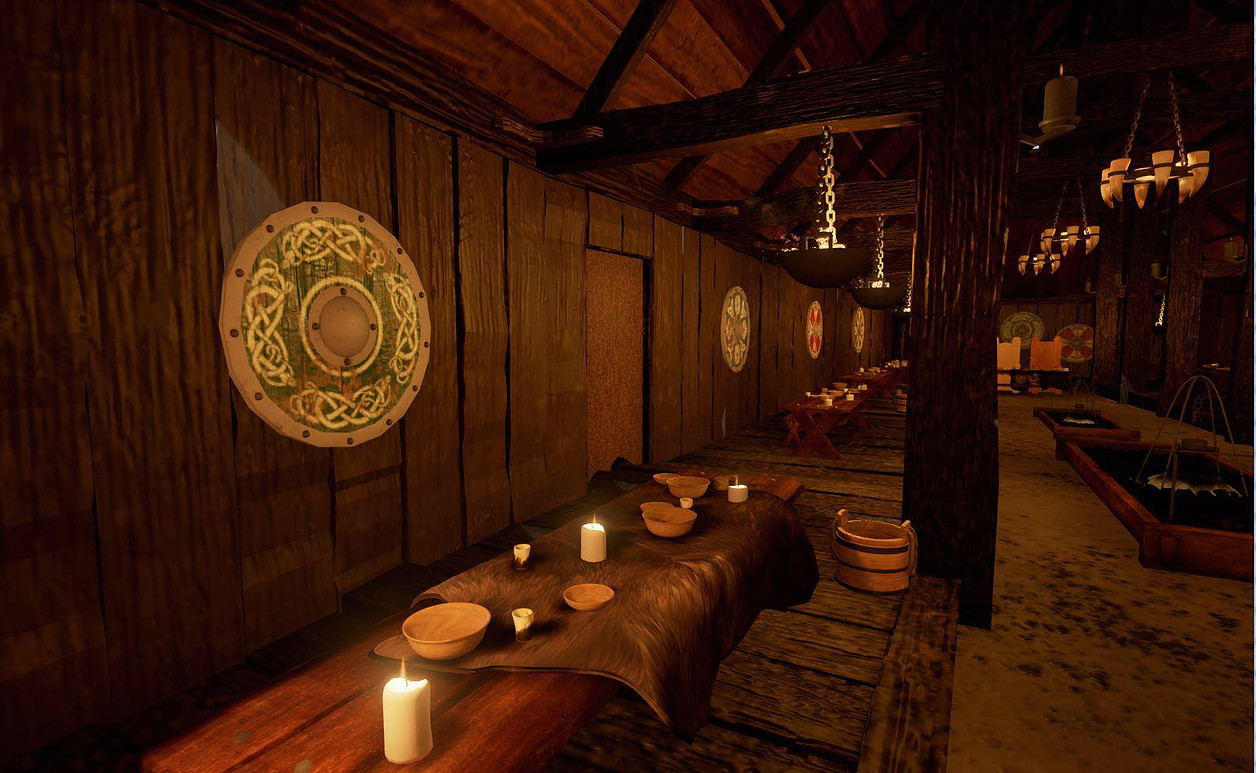 Interior view of the Unreal viking longhouse reproduction. Full project available at
 
 http://anthonyeason2011.wix.com/vikings